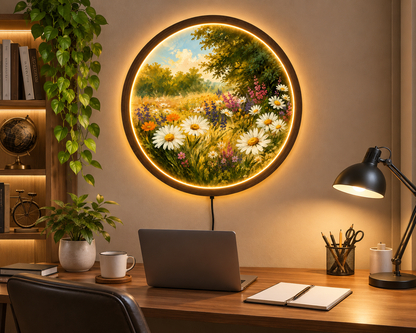 Wildflower Meadow LED Wall Art, Daisy Flower Wall Light, Round Floral Decor, Cottagecore Nature Wall Art, Botanical Home Decor