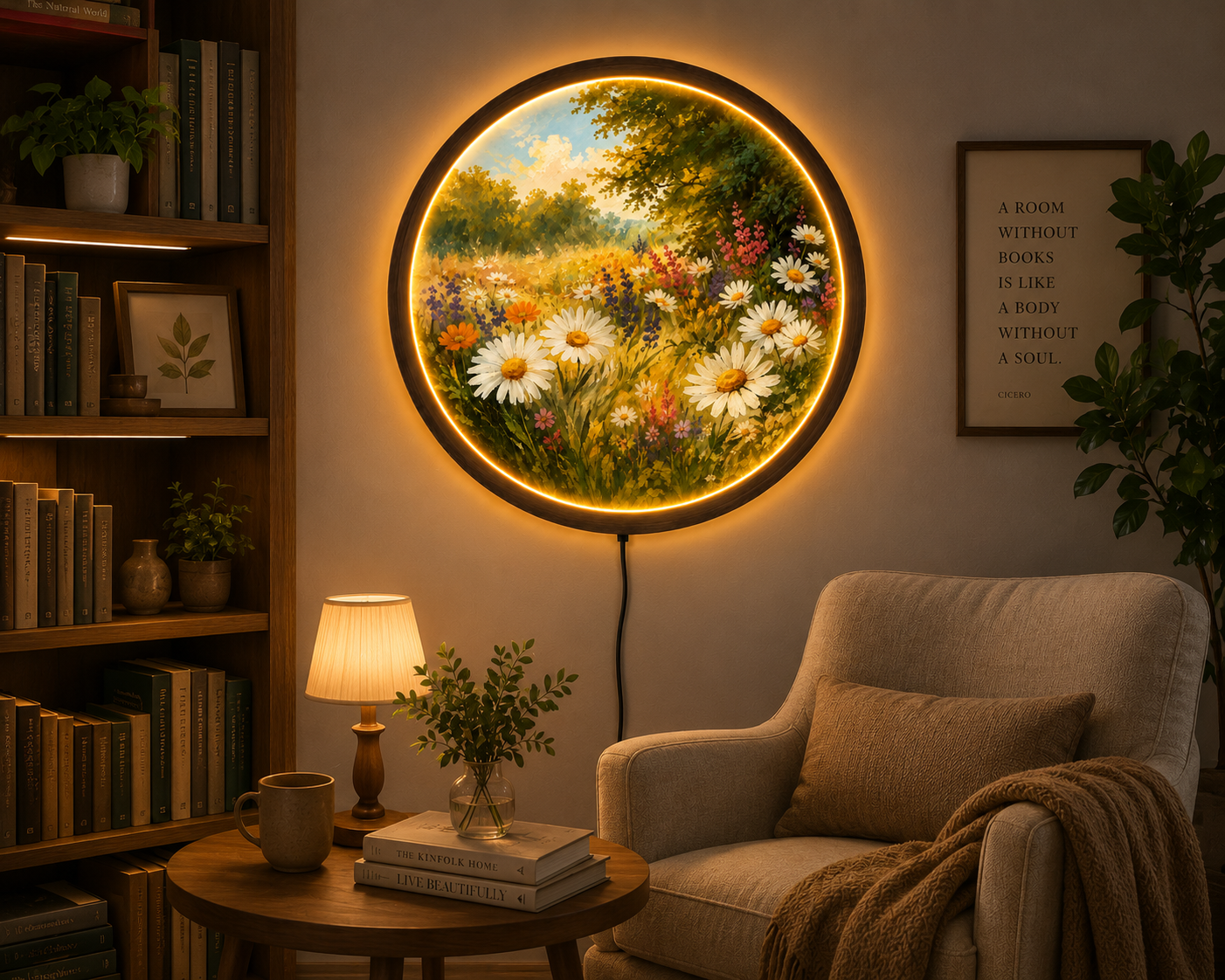 Wildflower Meadow LED Wall Art, Daisy Flower Wall Light, Round Floral Decor, Cottagecore Nature Wall Art, Botanical Home Decor