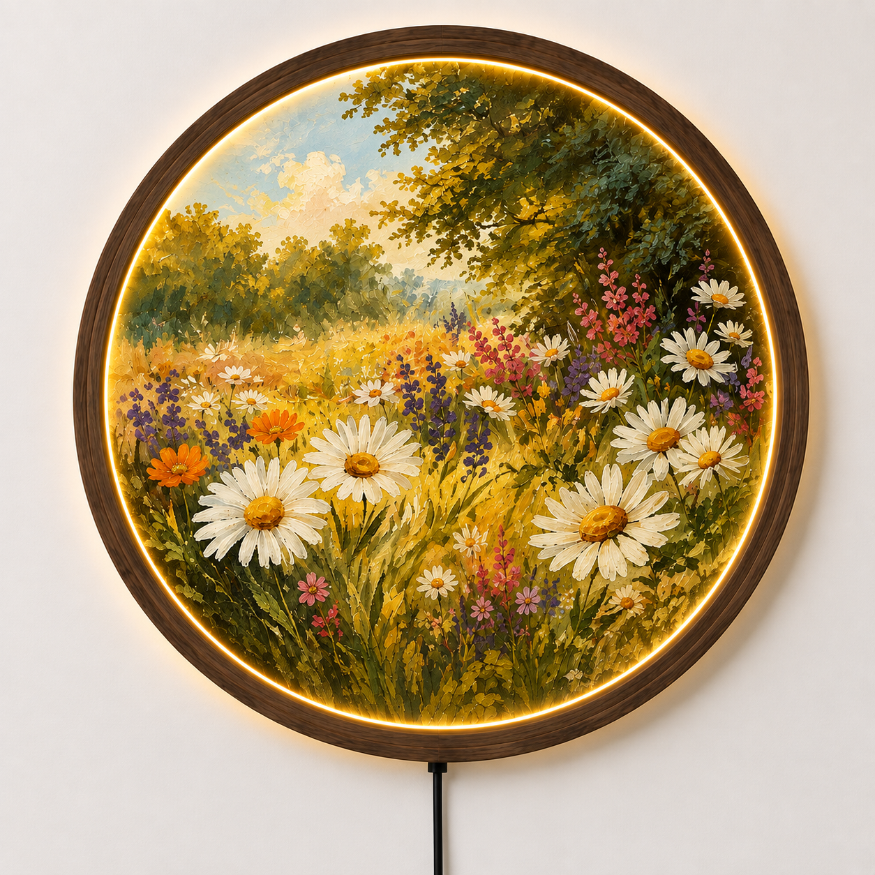 Wildflower Meadow LED Wall Art, Daisy Flower Wall Light, Round Floral Decor, Cottagecore Nature Wall Art, Botanical Home Decor