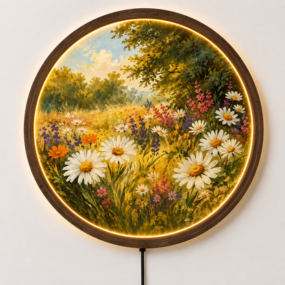 Wildflower Meadow LED Wall Art, Daisy Flower Wall Light, Round Floral Decor, Cottagecore Nature Wall Art, Botanical Home Decor