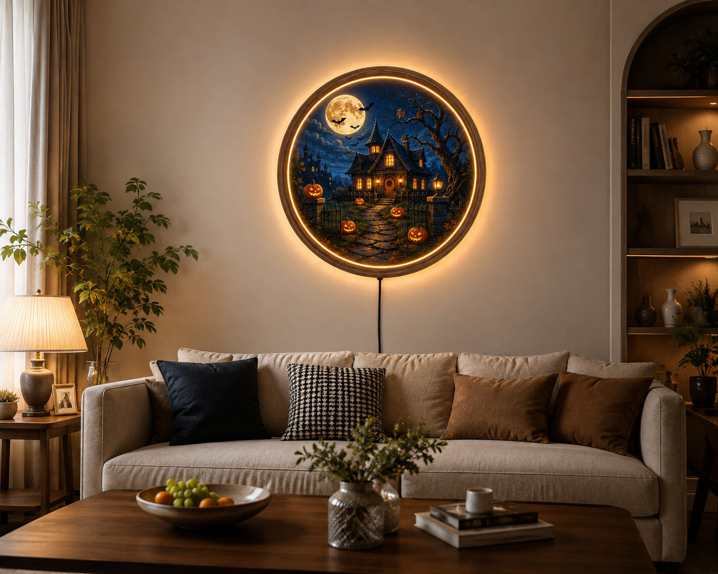 Halloween LED Wall Art, Haunted Castle Decor, Spooky Pumpkin Light, Gothic Moon Wall Decor, Jack O Lantern Halloween Gift