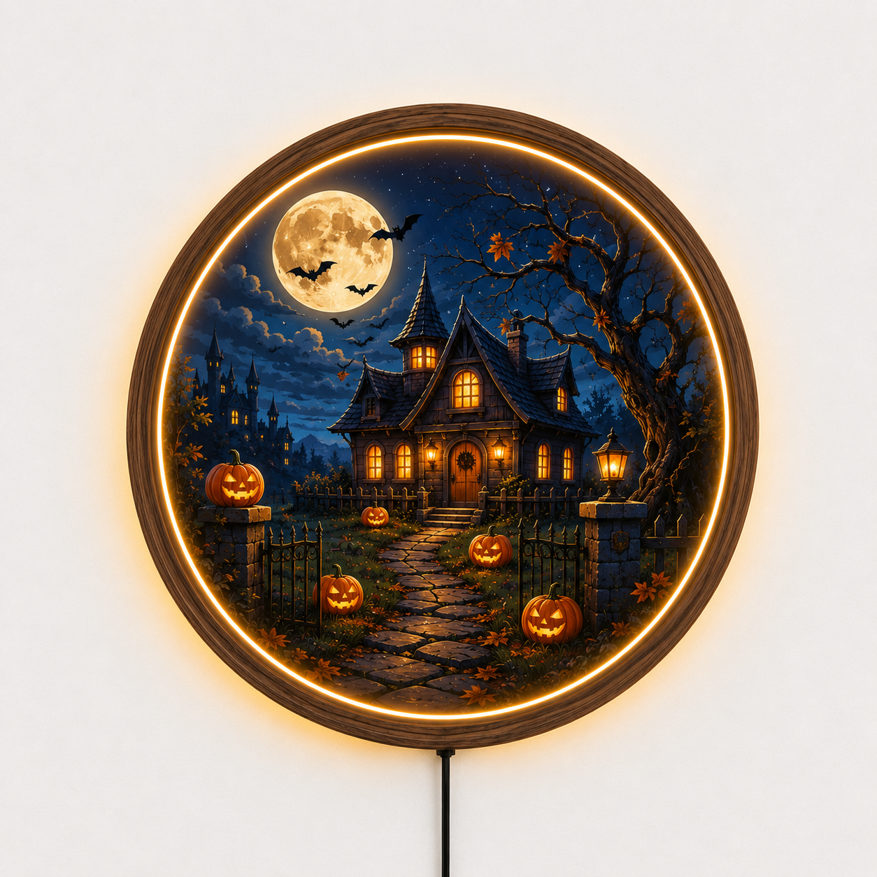 Halloween LED Wall Art, Haunted Castle Decor, Spooky Pumpkin Light, Gothic Moon Wall Decor, Jack O Lantern Halloween Gift