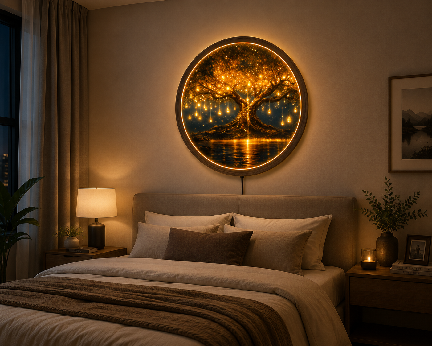 Tree of Life LED Wall Art, Glowing Fantasy Tree Wall Decor, Round Lighted Wall Art, Golden Tree Lamp, Nature Lover Gift