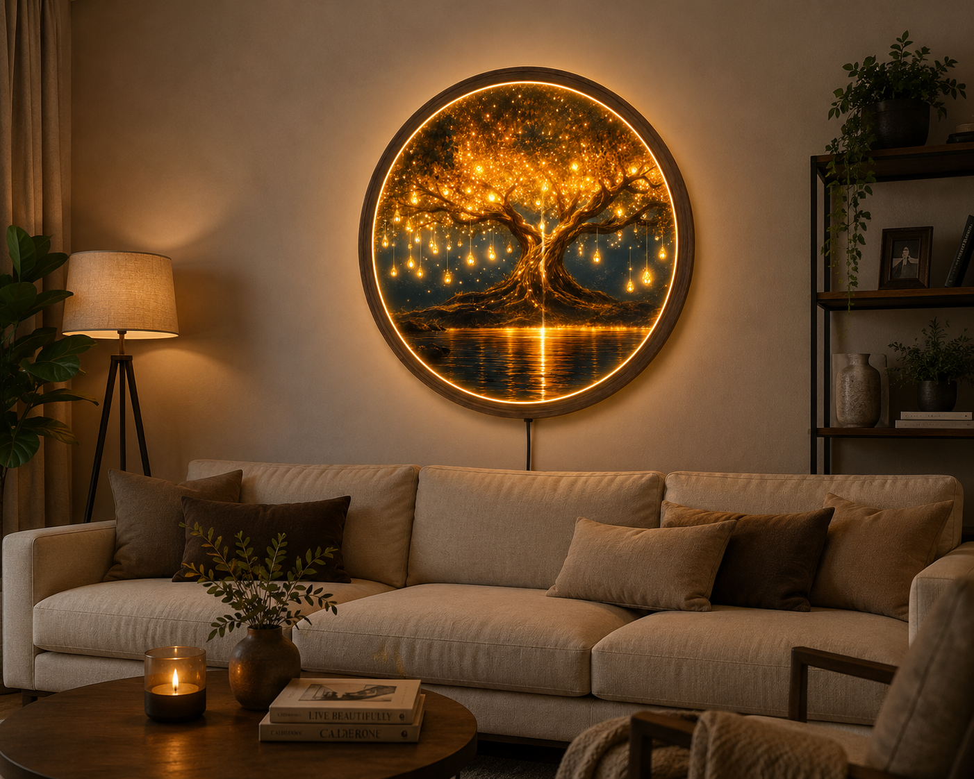 Tree of Life LED Wall Art, Glowing Fantasy Tree Wall Decor, Round Lighted Wall Art, Golden Tree Lamp, Nature Lover Gift