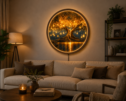 Tree of Life LED Wall Art, Glowing Fantasy Tree Wall Decor, Round Lighted Wall Art, Golden Tree Lamp, Nature Lover Gift