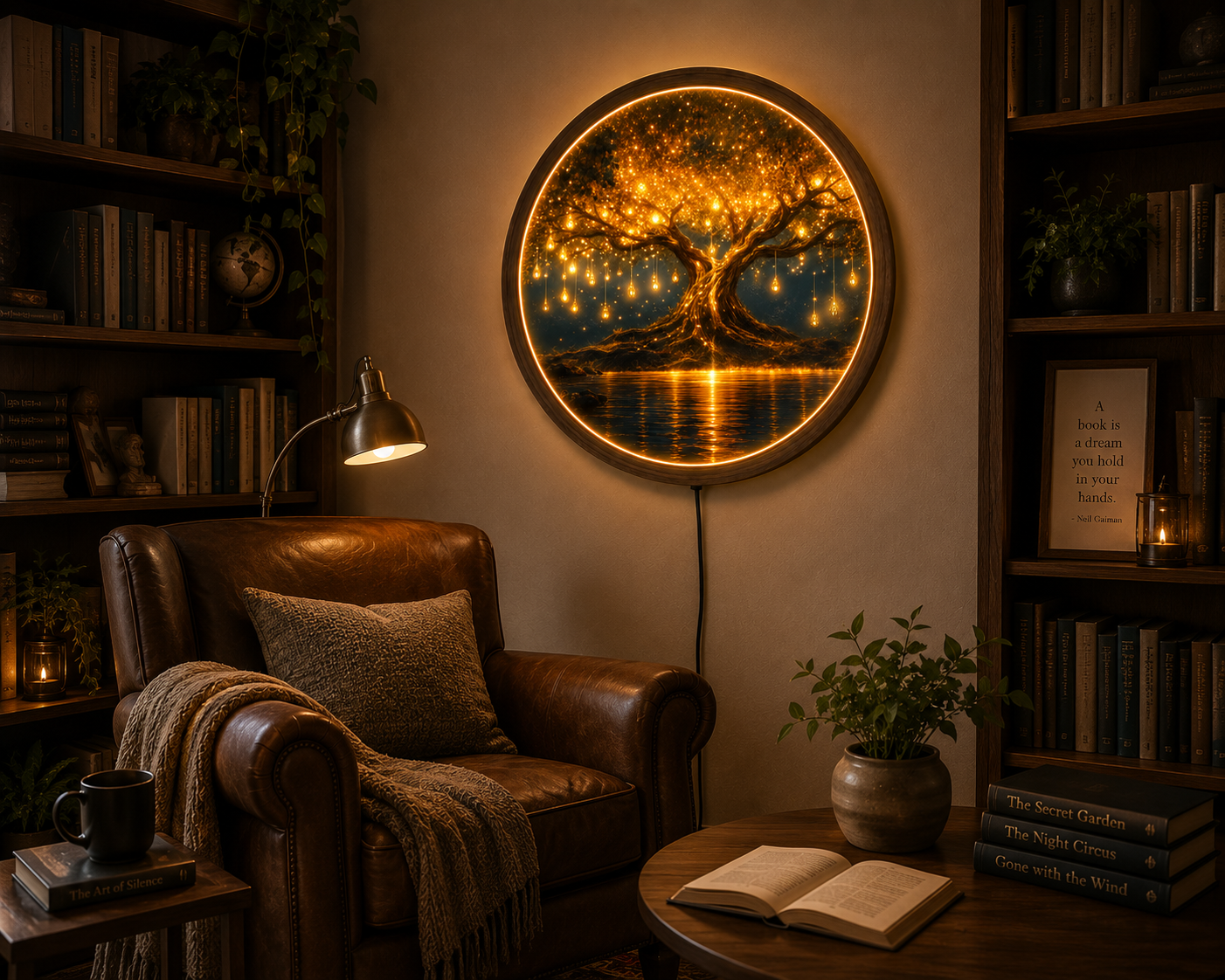 Tree of Life LED Wall Art, Glowing Fantasy Tree Wall Decor, Round Lighted Wall Art, Golden Tree Lamp, Nature Lover Gift