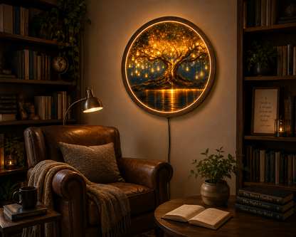 Tree of Life LED Wall Art, Glowing Fantasy Tree Wall Decor, Round Lighted Wall Art, Golden Tree Lamp, Nature Lover Gift