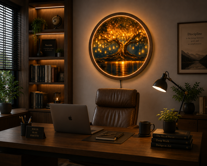 Tree of Life LED Wall Art, Glowing Fantasy Tree Wall Decor, Round Lighted Wall Art, Golden Tree Lamp, Nature Lover Gift