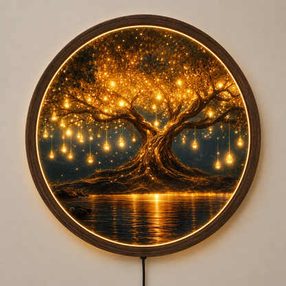 Tree of Life LED Wall Art, Glowing Fantasy Tree Wall Decor, Round Lighted Wall Art, Golden Tree Lamp, Nature Lover Gift