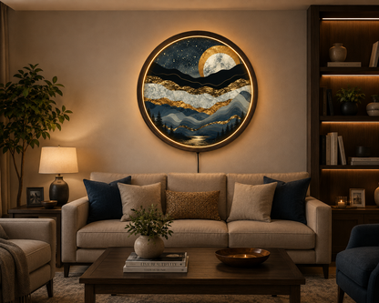 Abstract Mountain LED Wall Art, Gold Moon Landscape Wall Decor, Round Lighted Wall Art, Modern Nature Wall Lamp, Mountain Lover Gift