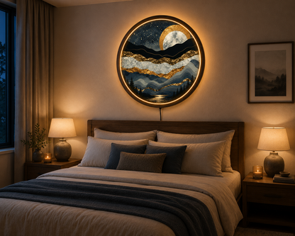 Abstract Mountain LED Wall Art, Gold Moon Landscape Wall Decor, Round Lighted Wall Art, Modern Nature Wall Lamp, Mountain Lover Gift