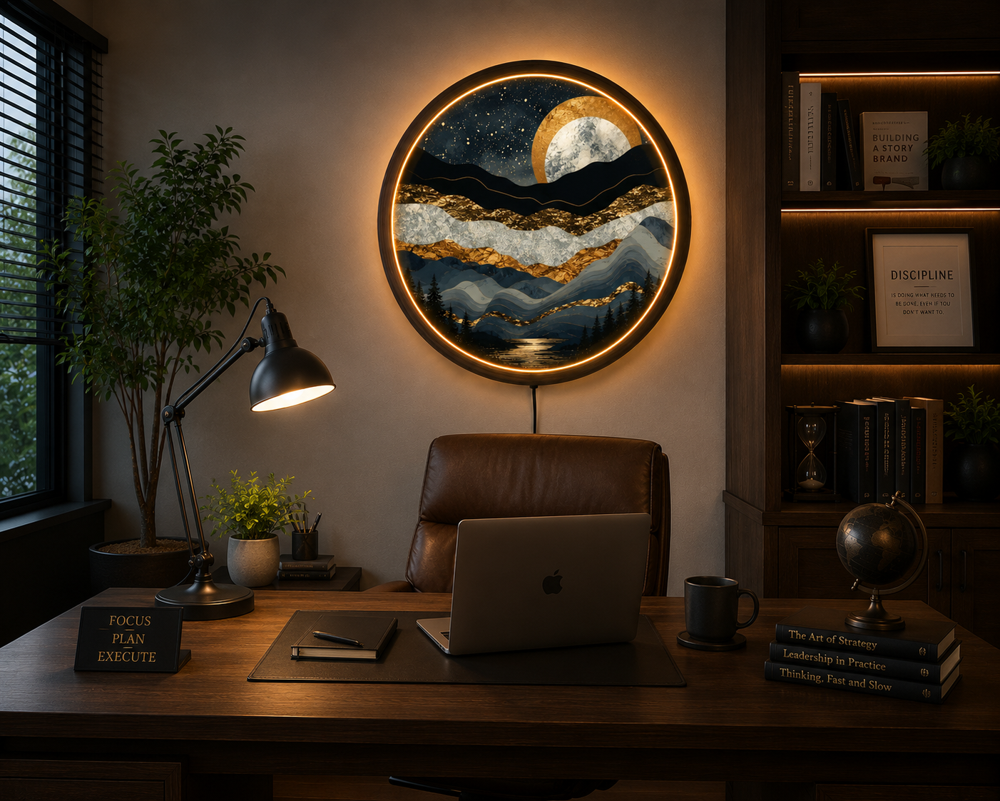 Abstract Mountain LED Wall Art, Gold Moon Landscape Wall Decor, Round Lighted Wall Art, Modern Nature Wall Lamp, Mountain Lover Gift