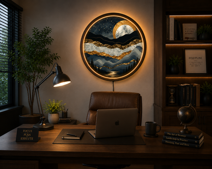 Abstract Mountain LED Wall Art, Gold Moon Landscape Wall Decor, Round Lighted Wall Art, Modern Nature Wall Lamp, Mountain Lover Gift