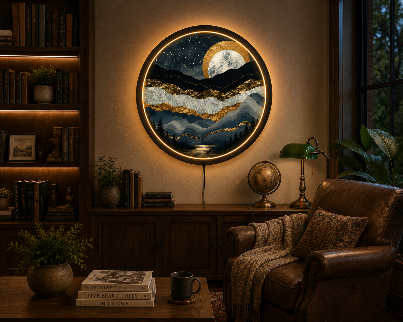 Abstract Mountain LED Wall Art, Gold Moon Landscape Wall Decor, Round Lighted Wall Art, Modern Nature Wall Lamp, Mountain Lover Gift