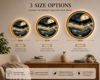Abstract Mountain LED Wall Art, Gold Moon Landscape Wall Decor, Round Lighted Wall Art, Modern Nature Wall Lamp, Mountain Lover Gift