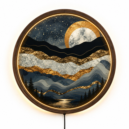 Abstract Mountain LED Wall Art, Gold Moon Landscape Wall Decor, Round Lighted Wall Art, Modern Nature Wall Lamp, Mountain Lover Gift