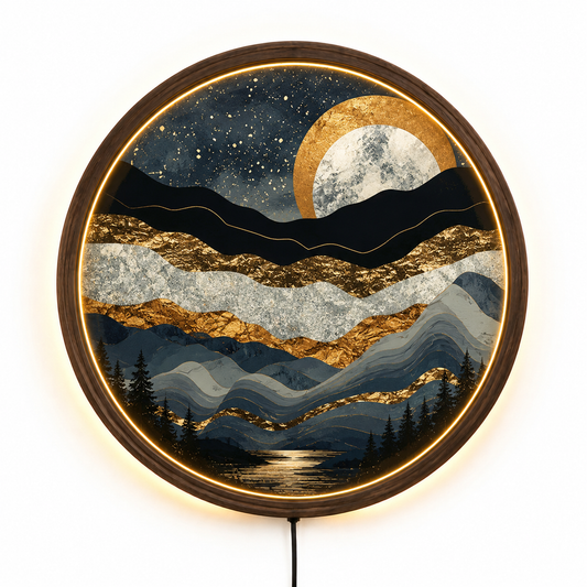 Abstract Mountain LED Wall Art, Gold Moon Landscape Wall Decor, Round Lighted Wall Art, Modern Nature Wall Lamp, Mountain Lover Gift
