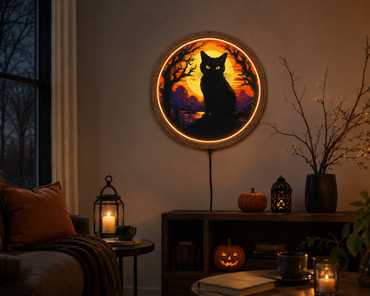 Black Cat LED Wall Art, Halloween Cat Wall Decor, Full Moon Lighted Wall Art, Spooky Gothic Decor, Witchy Cat Lover Gift