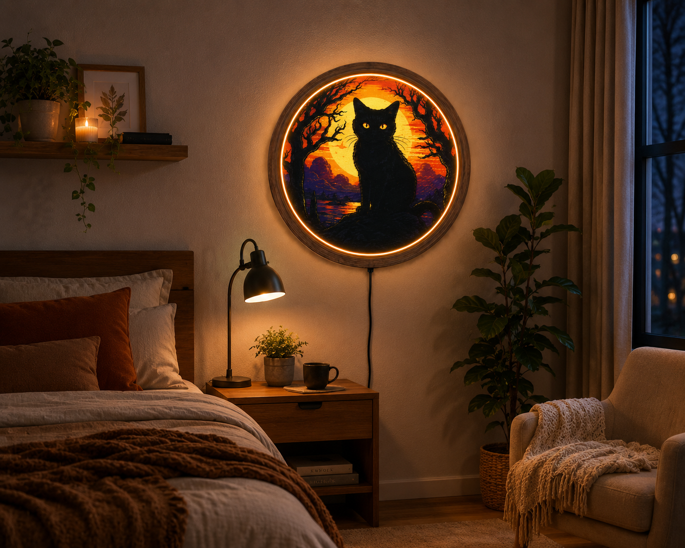 Black Cat LED Wall Art, Halloween Cat Wall Decor, Full Moon Lighted Wall Art, Spooky Gothic Decor, Witchy Cat Lover Gift