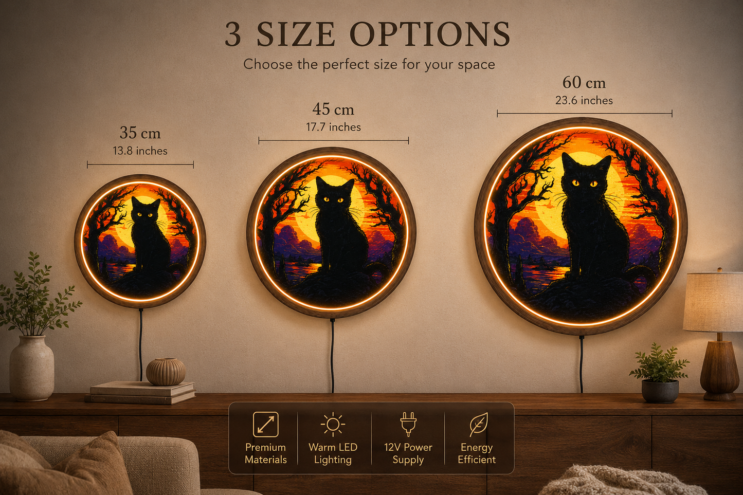 Black Cat LED Wall Art, Halloween Cat Wall Decor, Full Moon Lighted Wall Art, Spooky Gothic Decor, Witchy Cat Lover Gift