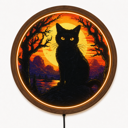 Black Cat LED Wall Art, Halloween Cat Wall Decor, Full Moon Lighted Wall Art, Spooky Gothic Decor, Witchy Cat Lover Gift