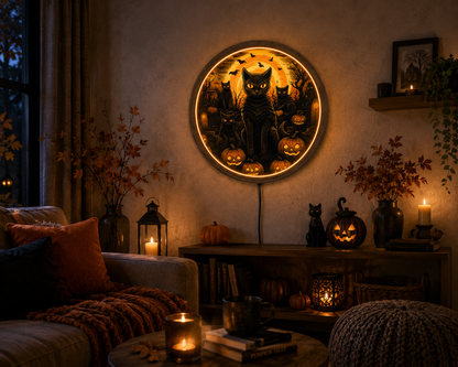 Black Cat Halloween LED Wall Art, Spooky Pumpkin Wall Decor, Gothic Cat Wall Light, Jack O Lantern Decor, Halloween Cat Lover Gift