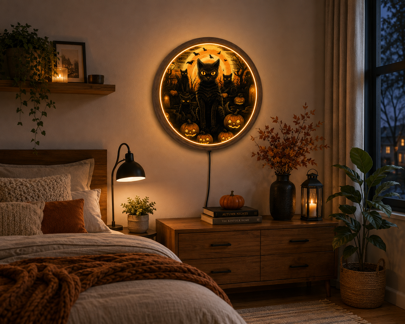 Black Cat Halloween LED Wall Art, Spooky Pumpkin Wall Decor, Gothic Cat Wall Light, Jack O Lantern Decor, Halloween Cat Lover Gift