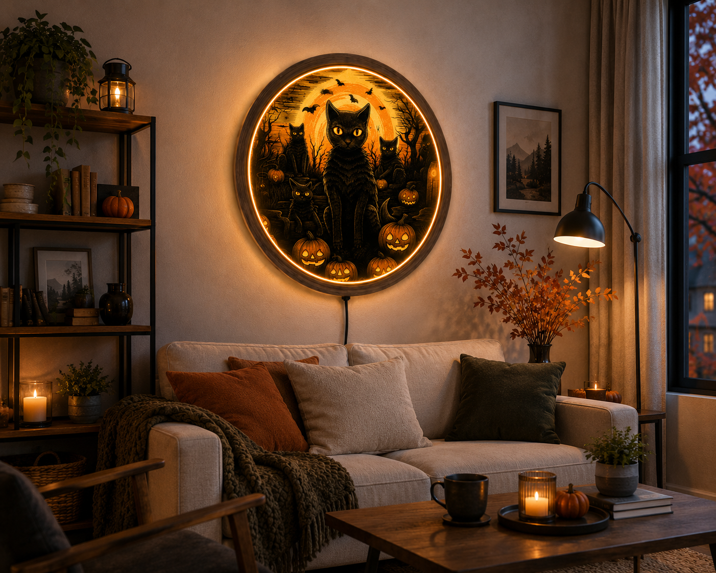Black Cat Halloween LED Wall Art, Spooky Pumpkin Wall Decor, Gothic Cat Wall Light, Jack O Lantern Decor, Halloween Cat Lover Gift