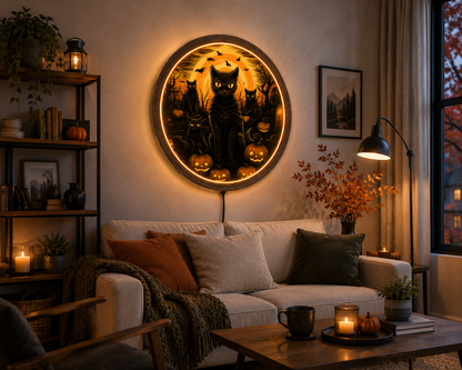 Black Cat Halloween LED Wall Art, Spooky Pumpkin Wall Decor, Gothic Cat Wall Light, Jack O Lantern Decor, Halloween Cat Lover Gift
