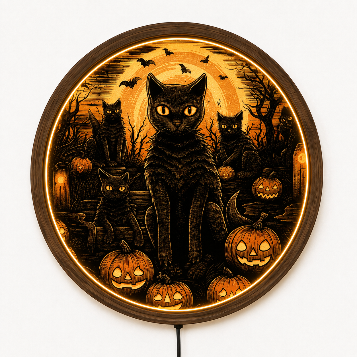 Black Cat Halloween LED Wall Art, Spooky Pumpkin Wall Decor, Gothic Cat Wall Light, Jack O Lantern Decor, Halloween Cat Lover Gift