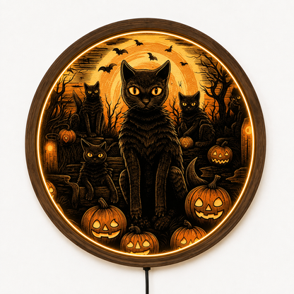 Black Cat Halloween LED Wall Art, Spooky Pumpkin Wall Decor, Gothic Cat Wall Light, Jack O Lantern Decor, Halloween Cat Lover Gift
