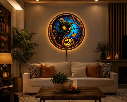 Black Cat Halloween LED Wall Art, Jack O Lantern Pumpkin Decor, Spooky Gothic Cat Wall Light, Witchy Halloween Decor, Cat Lover Gift