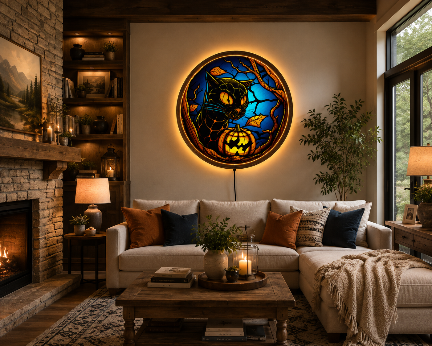 Black Cat Halloween LED Wall Art, Jack O Lantern Pumpkin Decor, Spooky Gothic Cat Wall Light, Witchy Halloween Decor, Cat Lover Gift