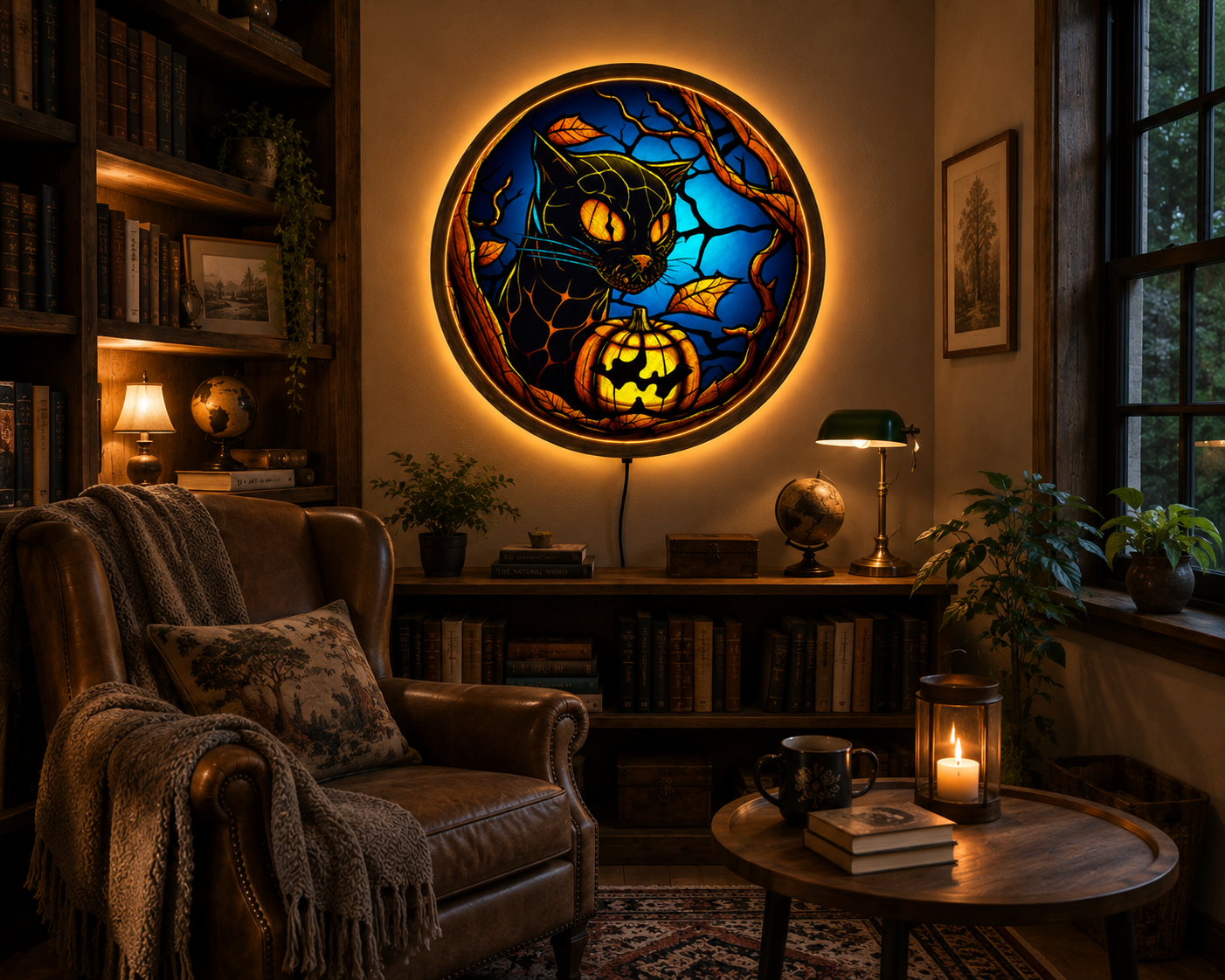 Black Cat Halloween LED Wall Art, Jack O Lantern Pumpkin Decor, Spooky Gothic Cat Wall Light, Witchy Halloween Decor, Cat Lover Gift