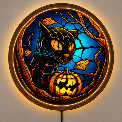 Black Cat Halloween LED Wall Art, Jack O Lantern Pumpkin Decor, Spooky Gothic Cat Wall Light, Witchy Halloween Decor, Cat Lover Gift