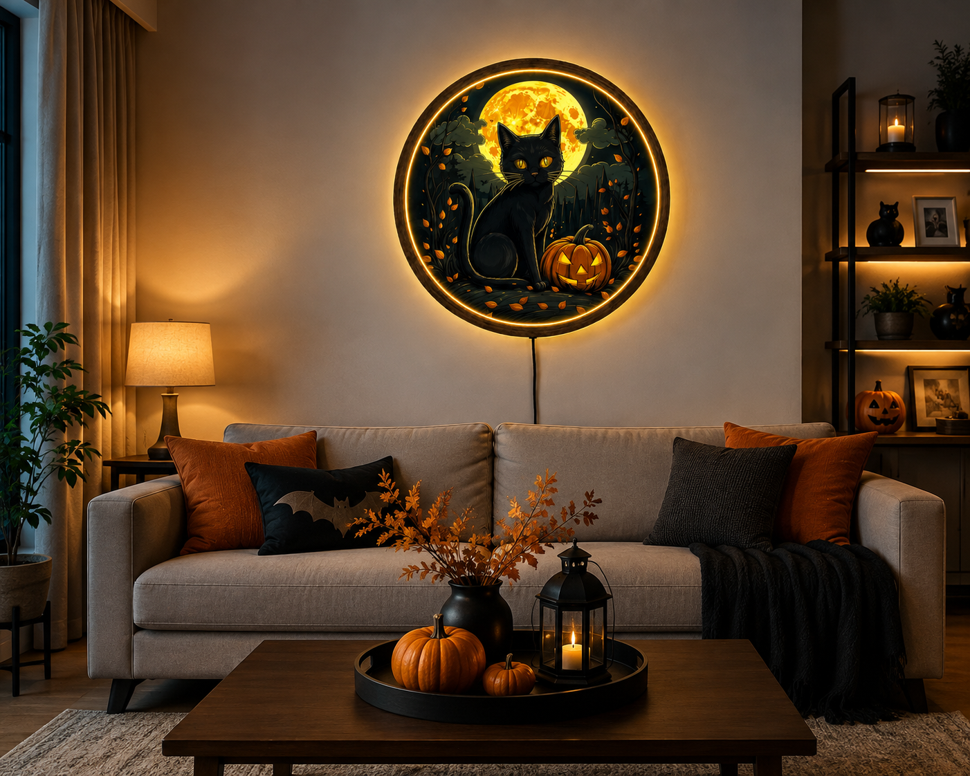 Black Cat Halloween LED Wall Art, Jack O Lantern Pumpkin Decor, Full Moon Gothic Wall Light, Spooky Witchy Cat Decor, Halloween Gift