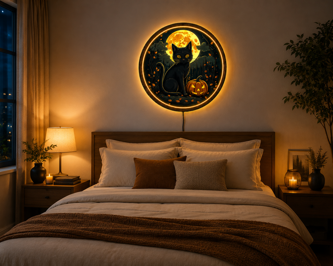Black Cat Halloween LED Wall Art, Jack O Lantern Pumpkin Decor, Full Moon Gothic Wall Light, Spooky Witchy Cat Decor, Halloween Gift