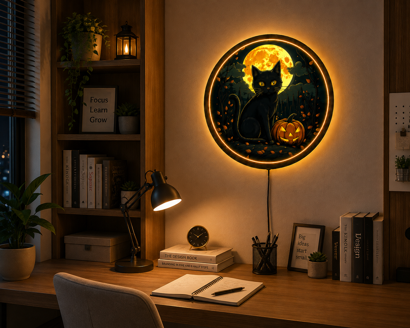 Black Cat Halloween LED Wall Art, Jack O Lantern Pumpkin Decor, Full Moon Gothic Wall Light, Spooky Witchy Cat Decor, Halloween Gift