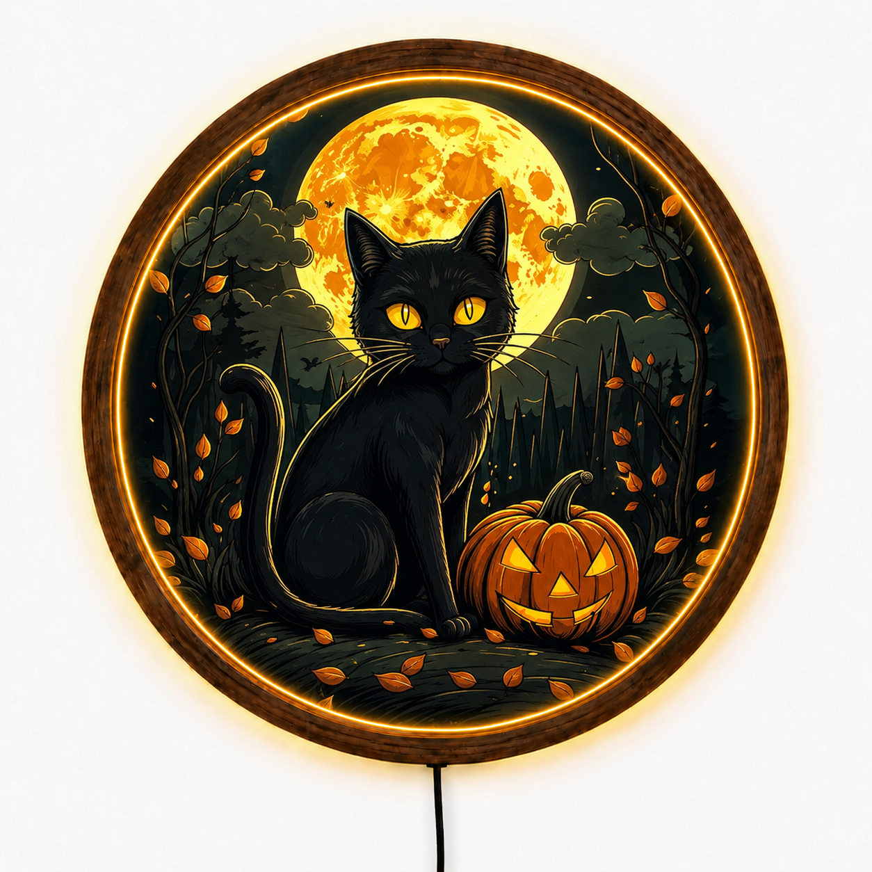 Black Cat Halloween LED Wall Art, Jack O Lantern Pumpkin Decor, Full Moon Gothic Wall Light, Spooky Witchy Cat Decor, Halloween Gift