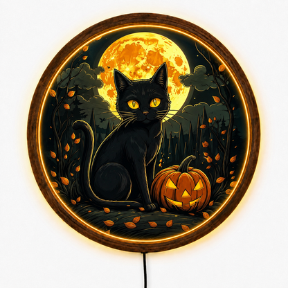 Black Cat Halloween LED Wall Art, Jack O Lantern Pumpkin Decor, Full Moon Gothic Wall Light, Spooky Witchy Cat Decor, Halloween Gift