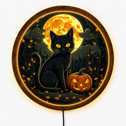 Black Cat Halloween LED Wall Art, Jack O Lantern Pumpkin Decor, Full Moon Gothic Wall Light, Spooky Witchy Cat Decor, Halloween Gift