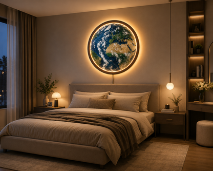 Earth LED Wall Art, World Map Wall Light, Globe Wall Decor, Round Lighted Wall Art, Geography Gift, Space Home Decor