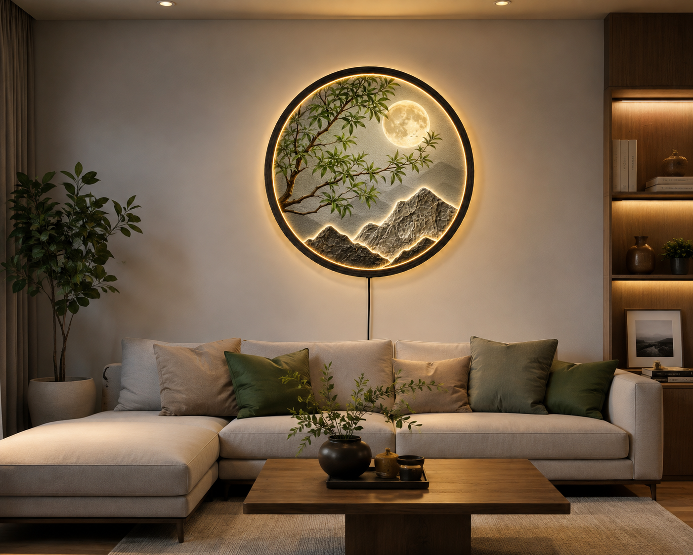 Moon Mountain LED Wall Art, Full Moon Landscape Light, Round Nature Wall Decor, Zen Mountain Wall Art, Modern Lighted Home Decor