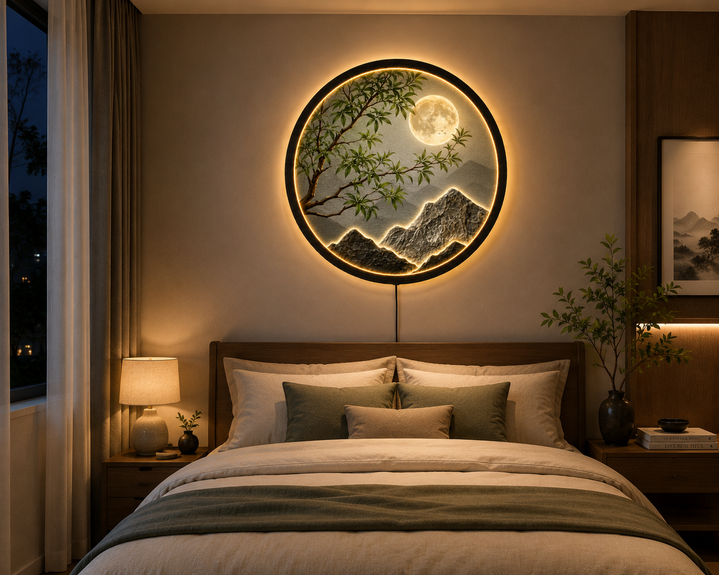 Moon Mountain LED Wall Art, Full Moon Landscape Light, Round Nature Wall Decor, Zen Mountain Wall Art, Modern Lighted Home Decor