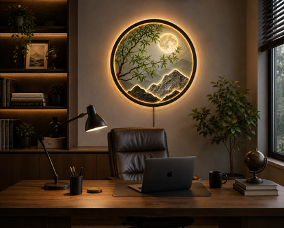 Moon Mountain LED Wall Art, Full Moon Landscape Light, Round Nature Wall Decor, Zen Mountain Wall Art, Modern Lighted Home Decor