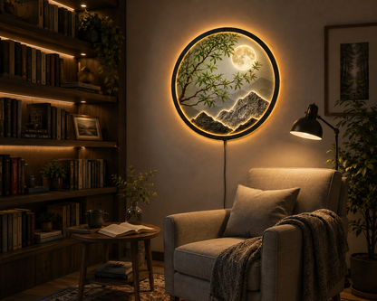 Moon Mountain LED Wall Art, Full Moon Landscape Light, Round Nature Wall Decor, Zen Mountain Wall Art, Modern Lighted Home Decor