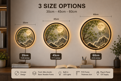 Moon Mountain LED Wall Art, Full Moon Landscape Light, Round Nature Wall Decor, Zen Mountain Wall Art, Modern Lighted Home Decor