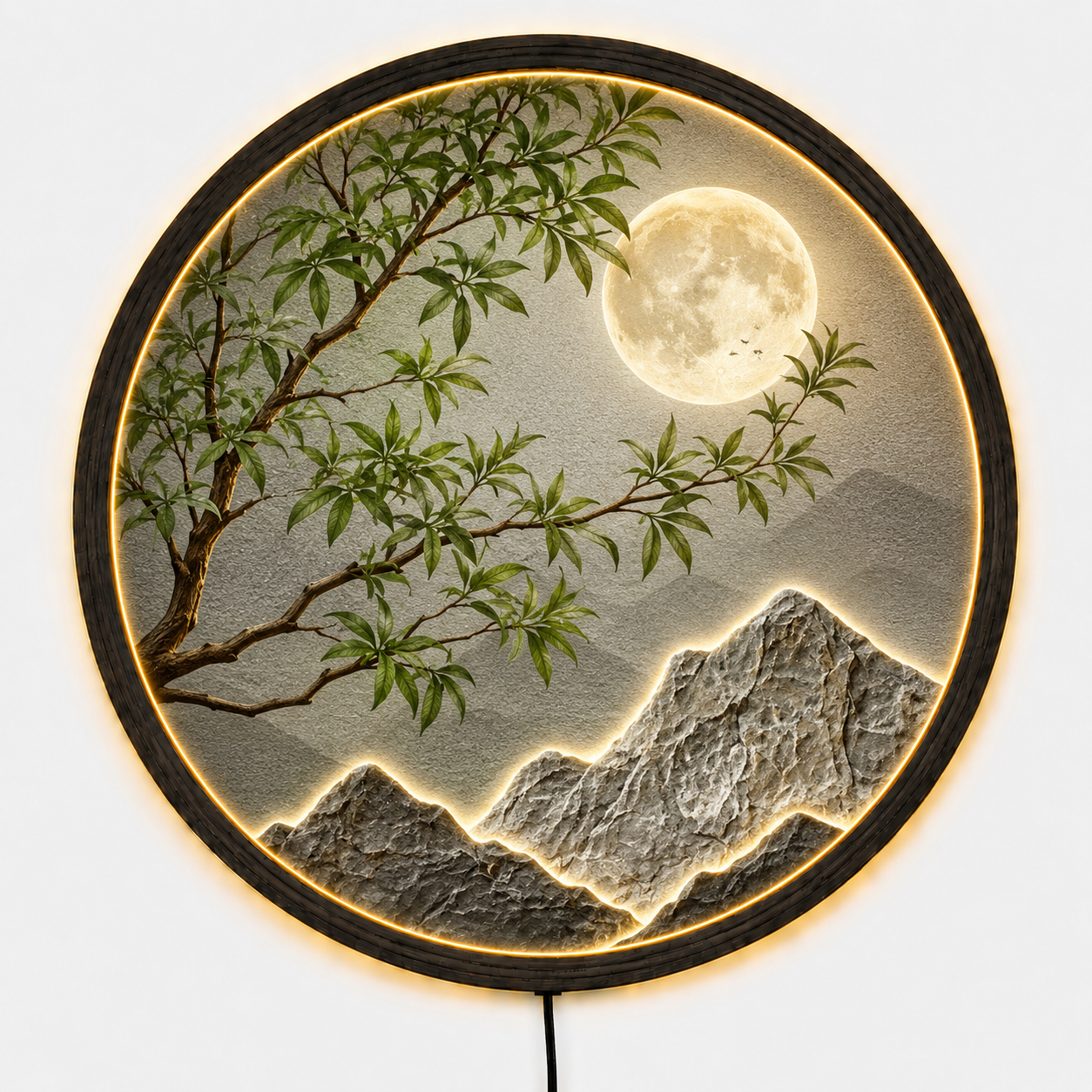 Moon Mountain LED Wall Art, Full Moon Landscape Light, Round Nature Wall Decor, Zen Mountain Wall Art, Modern Lighted Home Decor