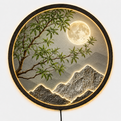 Moon Mountain LED Wall Art, Full Moon Landscape Light, Round Nature Wall Decor, Zen Mountain Wall Art, Modern Lighted Home Decor