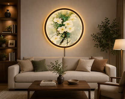 White Blossom LED Wall Art, Floral Lighted Wall Decor, Botanical Flower Wall Art, Round Nature Wall Light, Cottagecore Home Decor